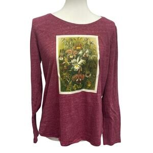 Hand Printed Upcycled Large Vintage Botanical Flower Long Sleeve Tee Shirt